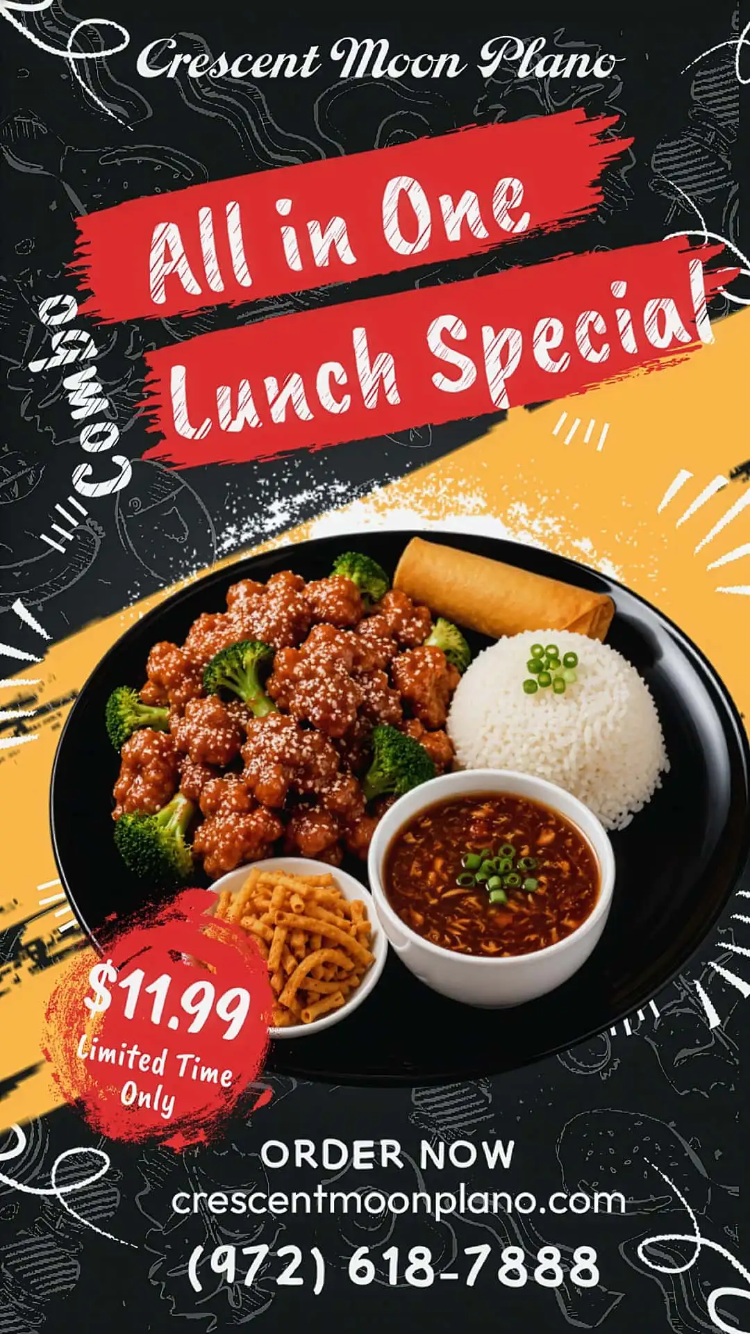 All in one lunch special combo featuring halal Chinese favorites, fresh entrees, fried rice, and a complete meal at a great value