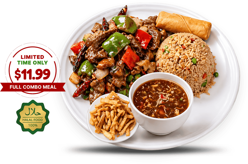 Limited time full meal combo featuring halal Chinese favorites, fresh entrees, fried rice, and signature dishes at Crescent Moon