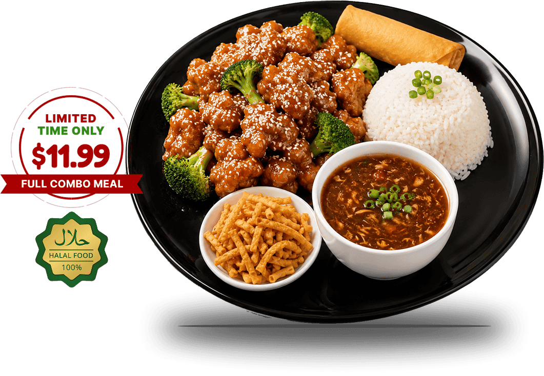 Delicious halal Chinese full meal combo at Crescent Moon including popular Chinese dishes, lunch specials, and limited time dining offer