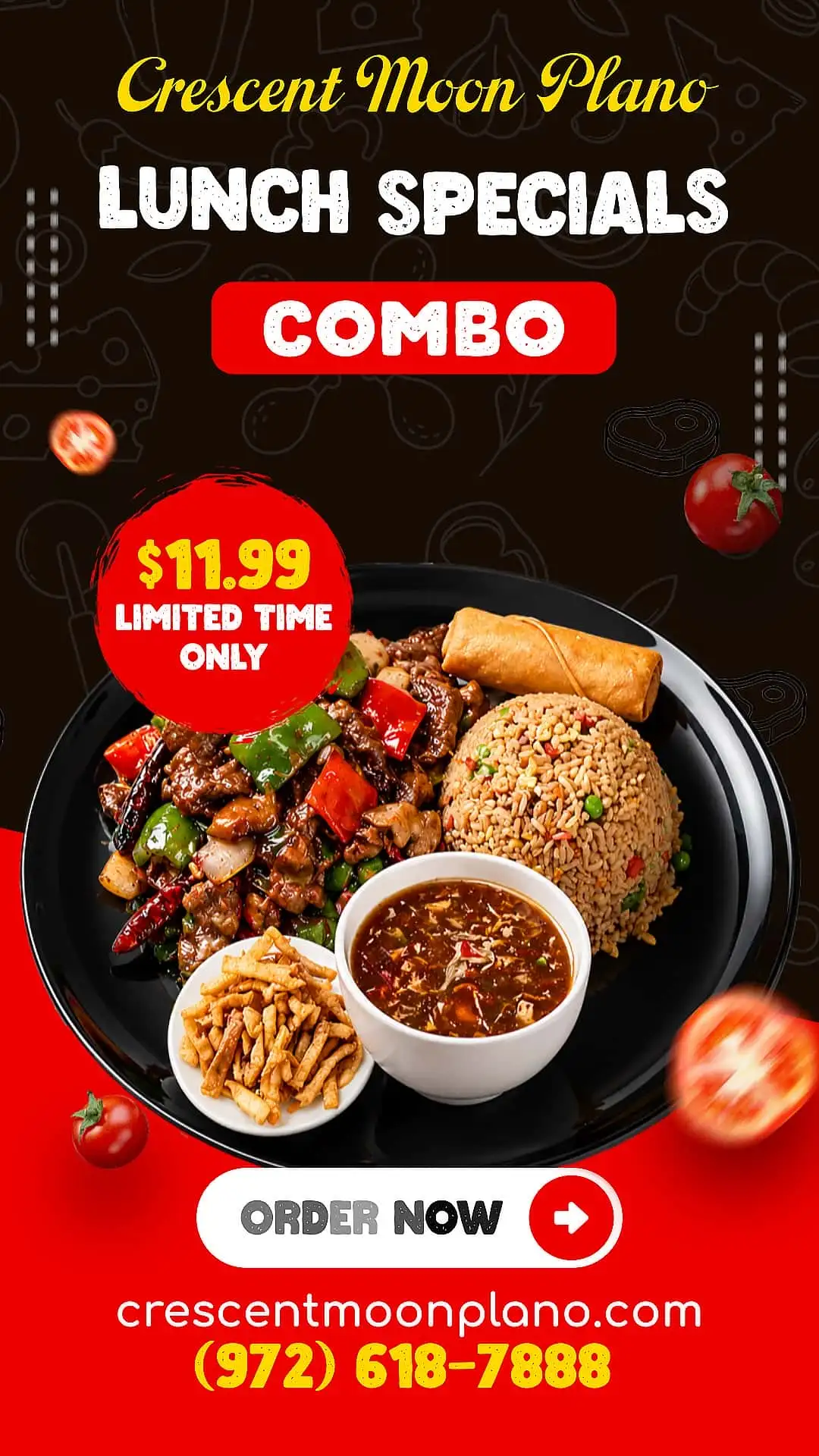 Limited time lunch special combo featuring halal Chinese favorites, fresh entrees, fried rice, and great value meal options