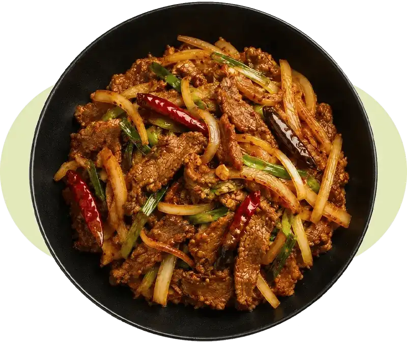 Hot and spicy Mongolian beef prepared with halal beef and rich authentic Chinese flavors
